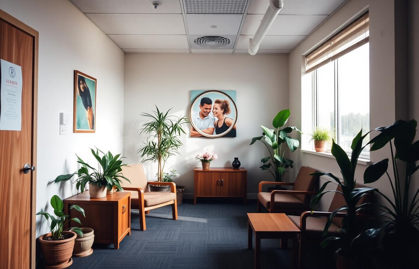 A warm, welcoming small office reception area with plants and wood furniture