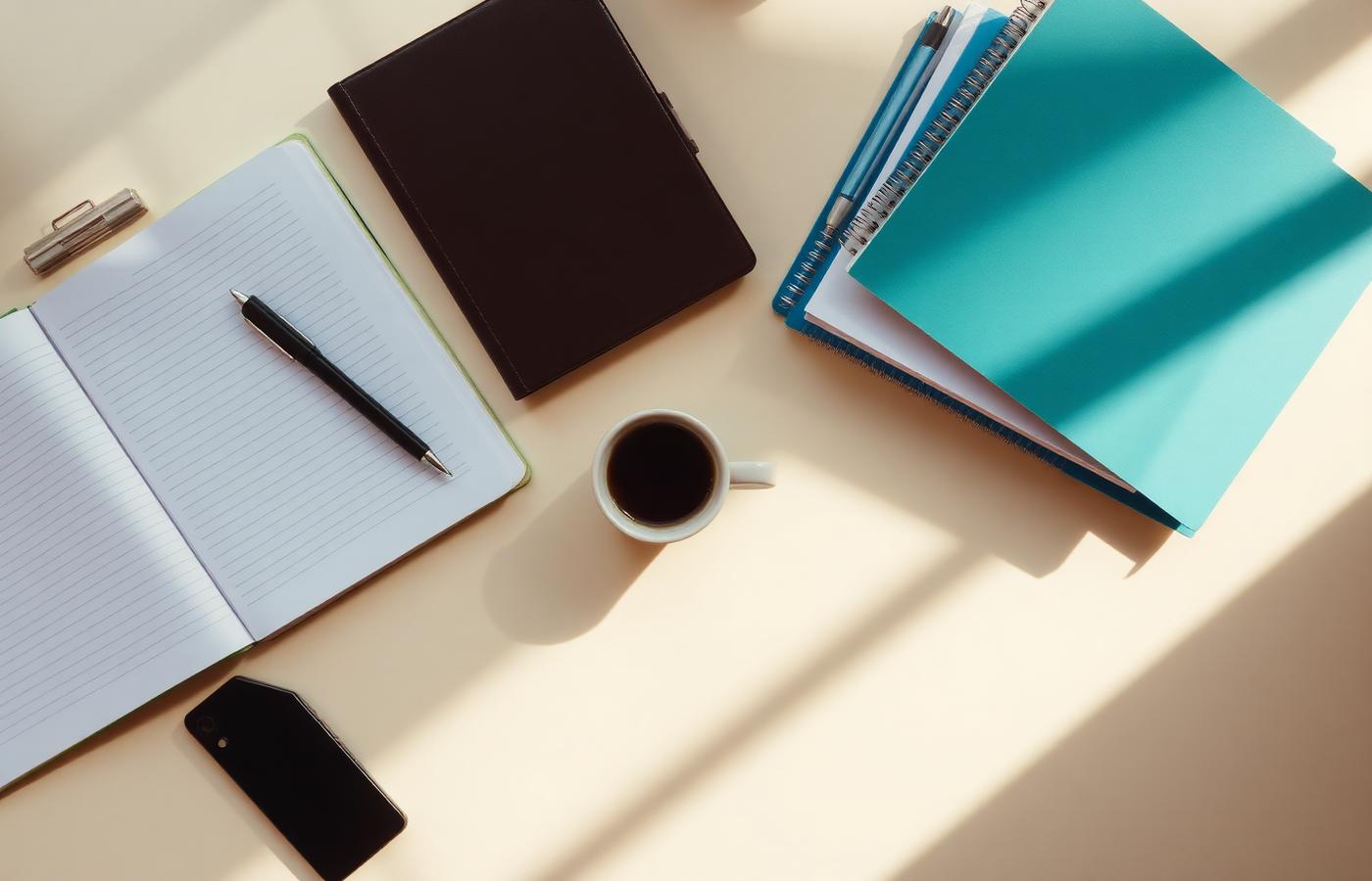 An organized desk with ledger notebooks, folders and a cup of coffee