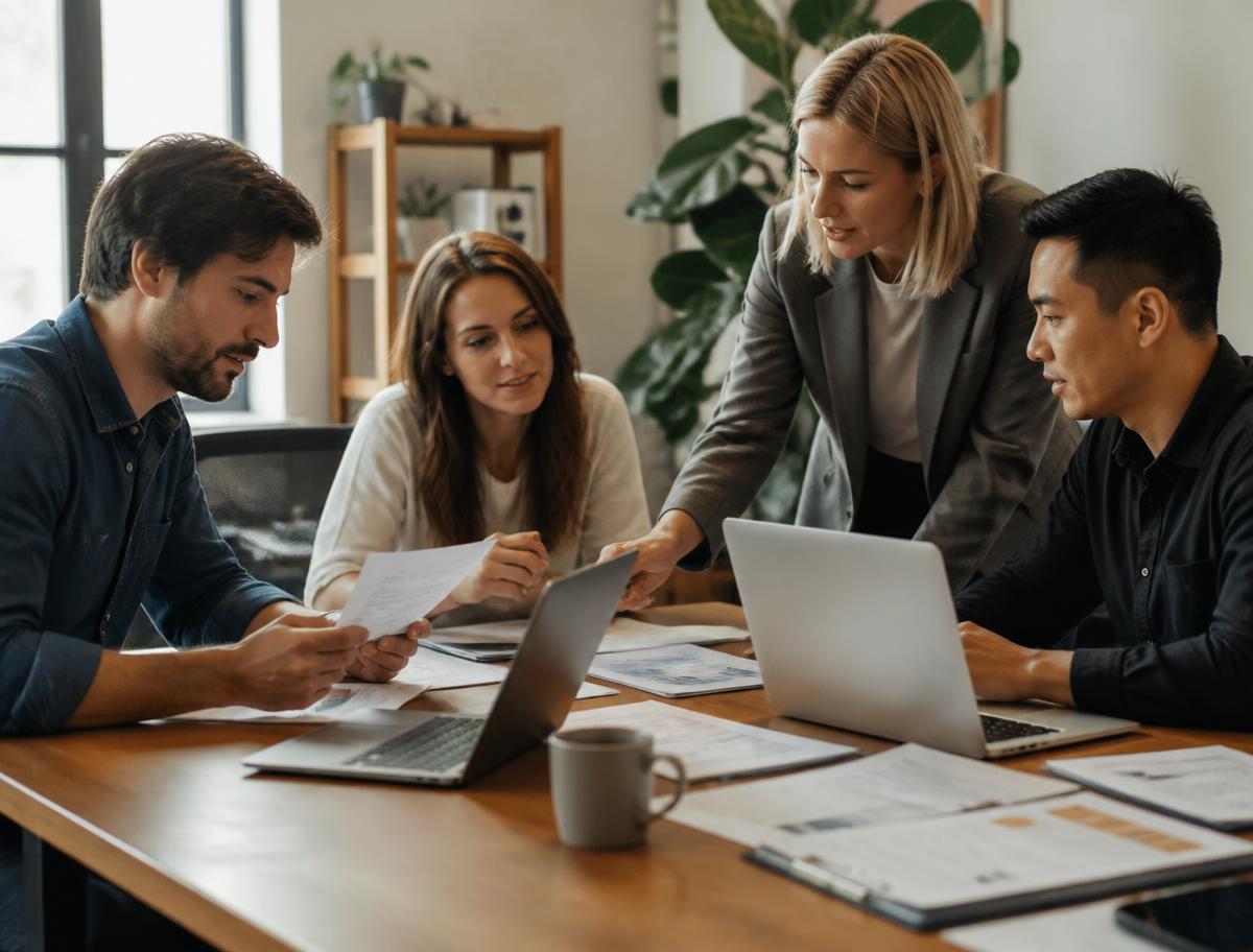 A small business services team reviewing invoices around a table in a daylit office