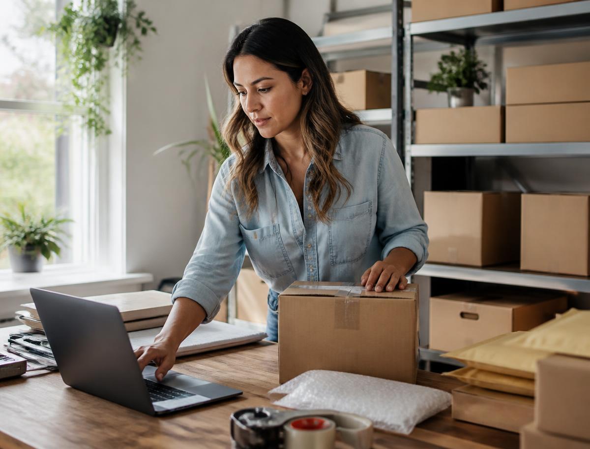 An online store owner packing orders and checking a laptop in a bright studio