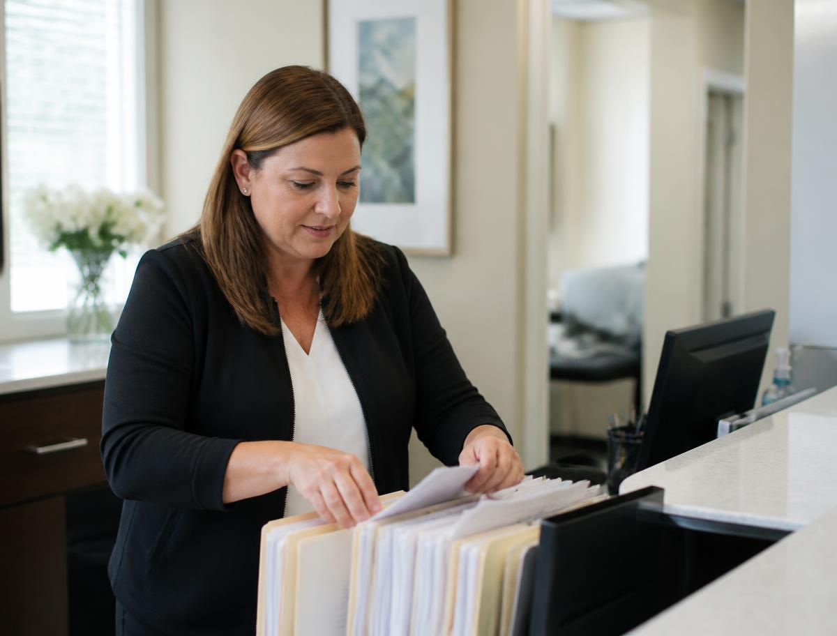 A practice administrator organizing patient files at a bright reception desk