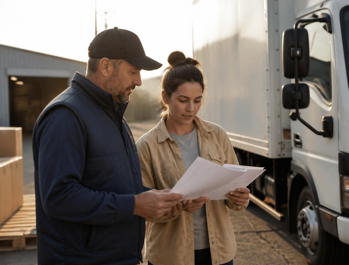 A driver and dispatcher reviewing delivery paperwork beside a box truck