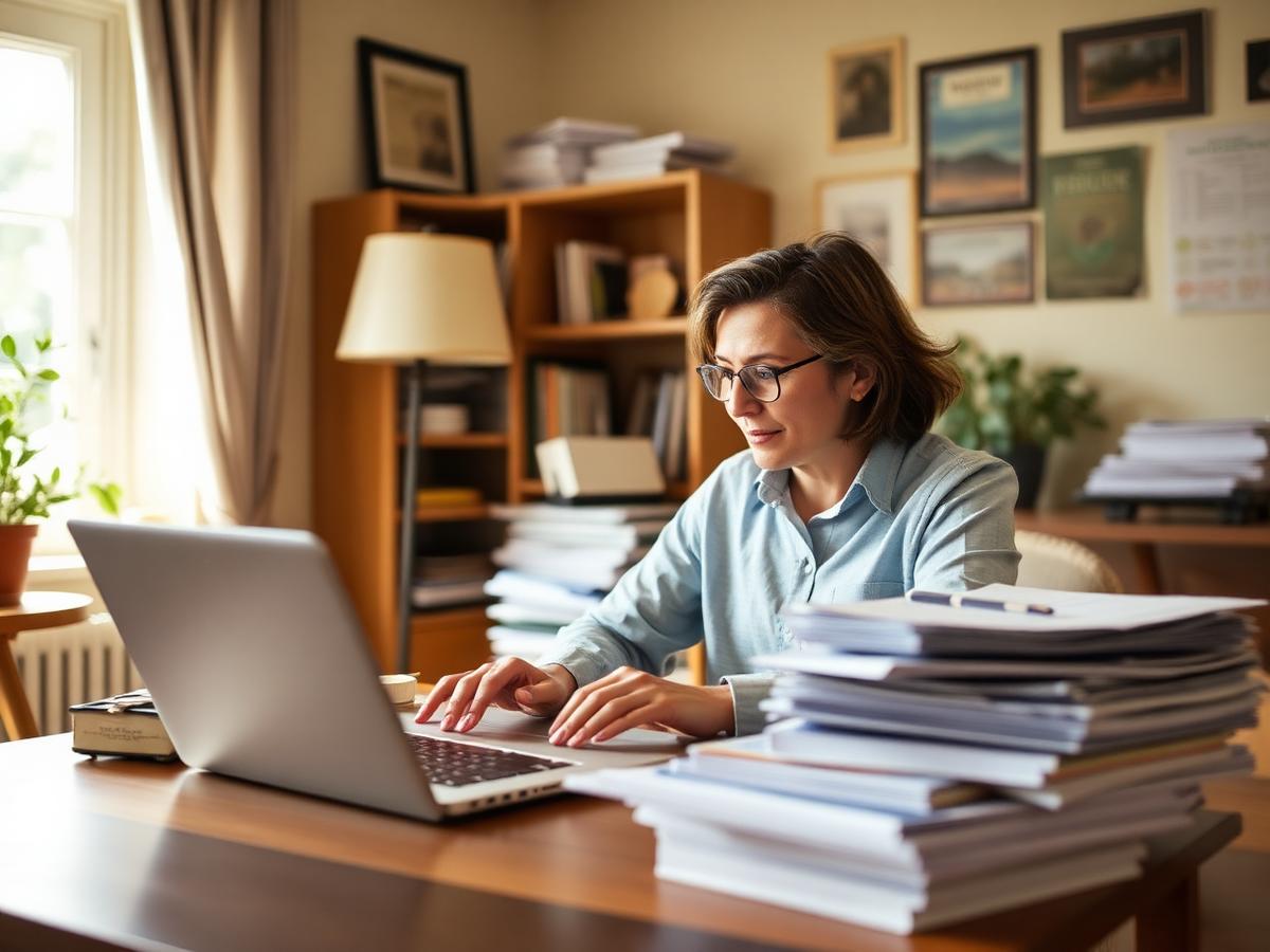 A person at a laptop organizing vendor payment paperwork in a warm home office