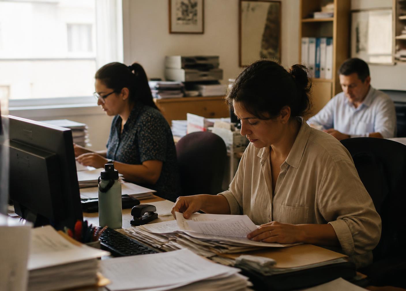 An office team handling invoices and administrative work